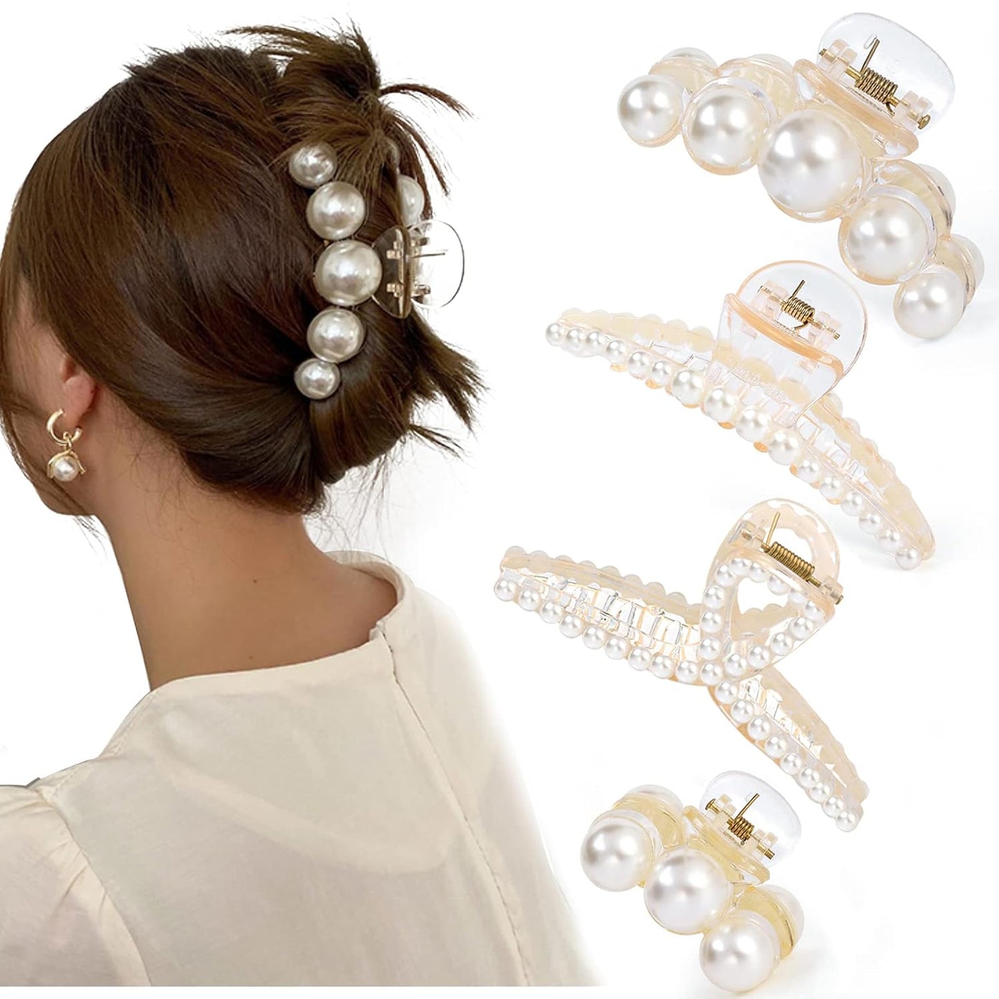 Mehayi 4 PCS Large Pearl Hair Claw Clips for Women Girls, Hair Barrette Clamps for Thick Thin Hair, Fashion Hair Accessories Headwear Styling Tools for Party Wedding