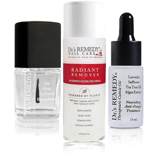 Dr’s Remedy 3 Pack Nail Polish Treatment Kit, NOURISHING New Beginnings Gift Set, All Natural Enriched Nail Strengthener Non Toxic and Organic - TOTAL Two-In-One / CARESS Cuticle Oil / Acetone-Free REMEDY Remover