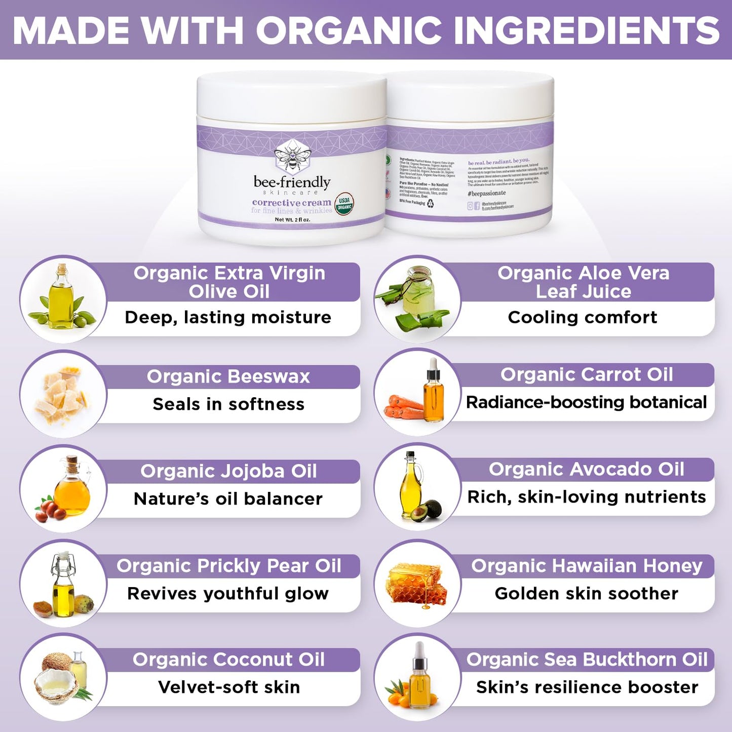 Organic Corrective Cream, USDA Certified Face Moisturizer Rich Anti Aging Facial Night Cream For Sensitive Skin Aids With Fine Lines, Wrinkles, Crows Feet, Eyes, Face, Neck 2 oz