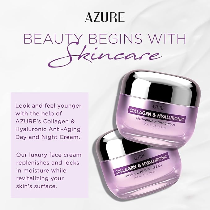 Azure Cosmetics Dermatologist Tested Collagen & Hyaluronic Acid Day & Night Face Moisturizer - K Beauty Anti-Aging Cream for Wrinkle Repair & Deep Hydration Cream - Korean Skincare - All Skin Type