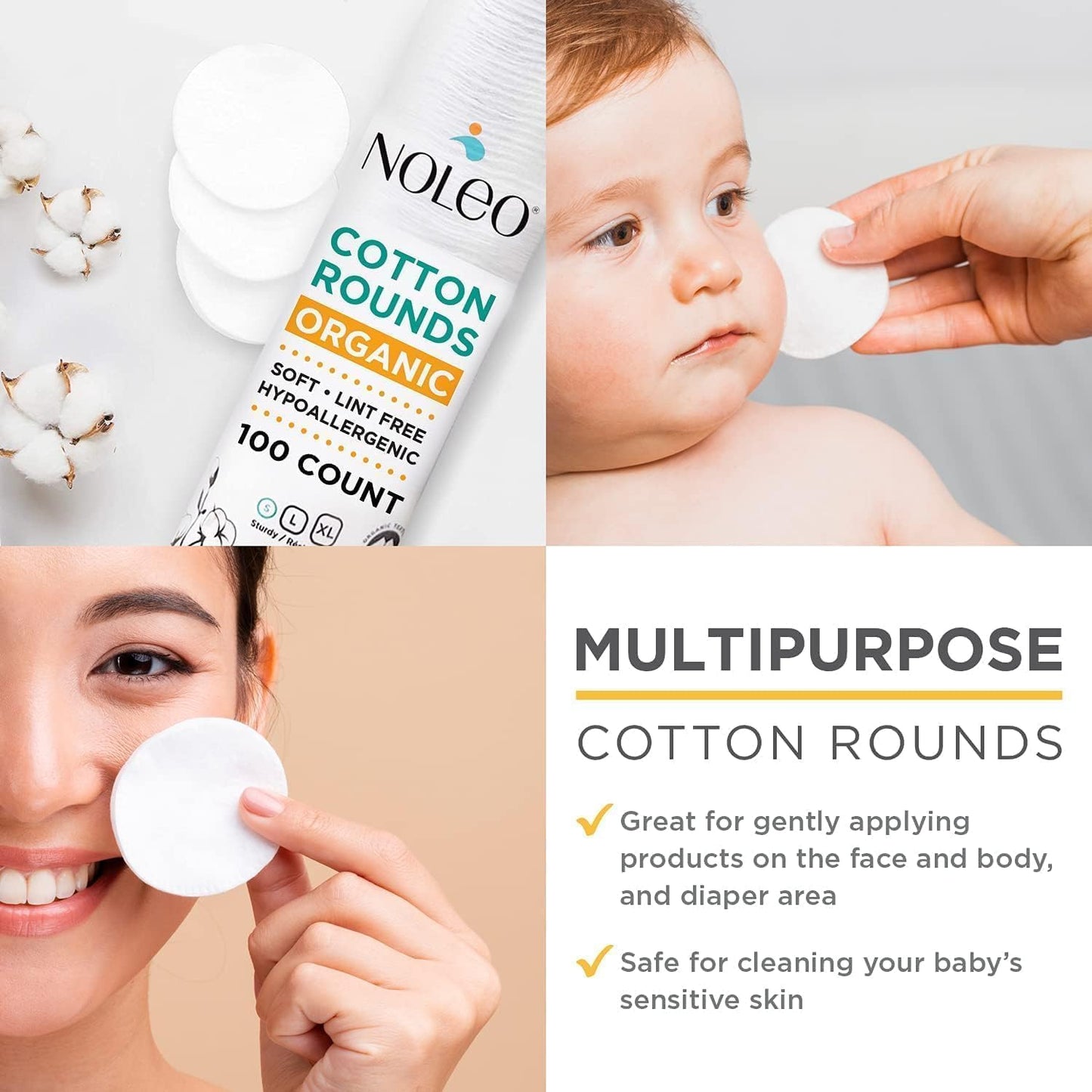 NOLEO Organic Cotton Rounds, Small 2″ Pressed & Lint-Free, Biodegradable & Compostable, 100-Count – Makeup Remover & Skincare Pads