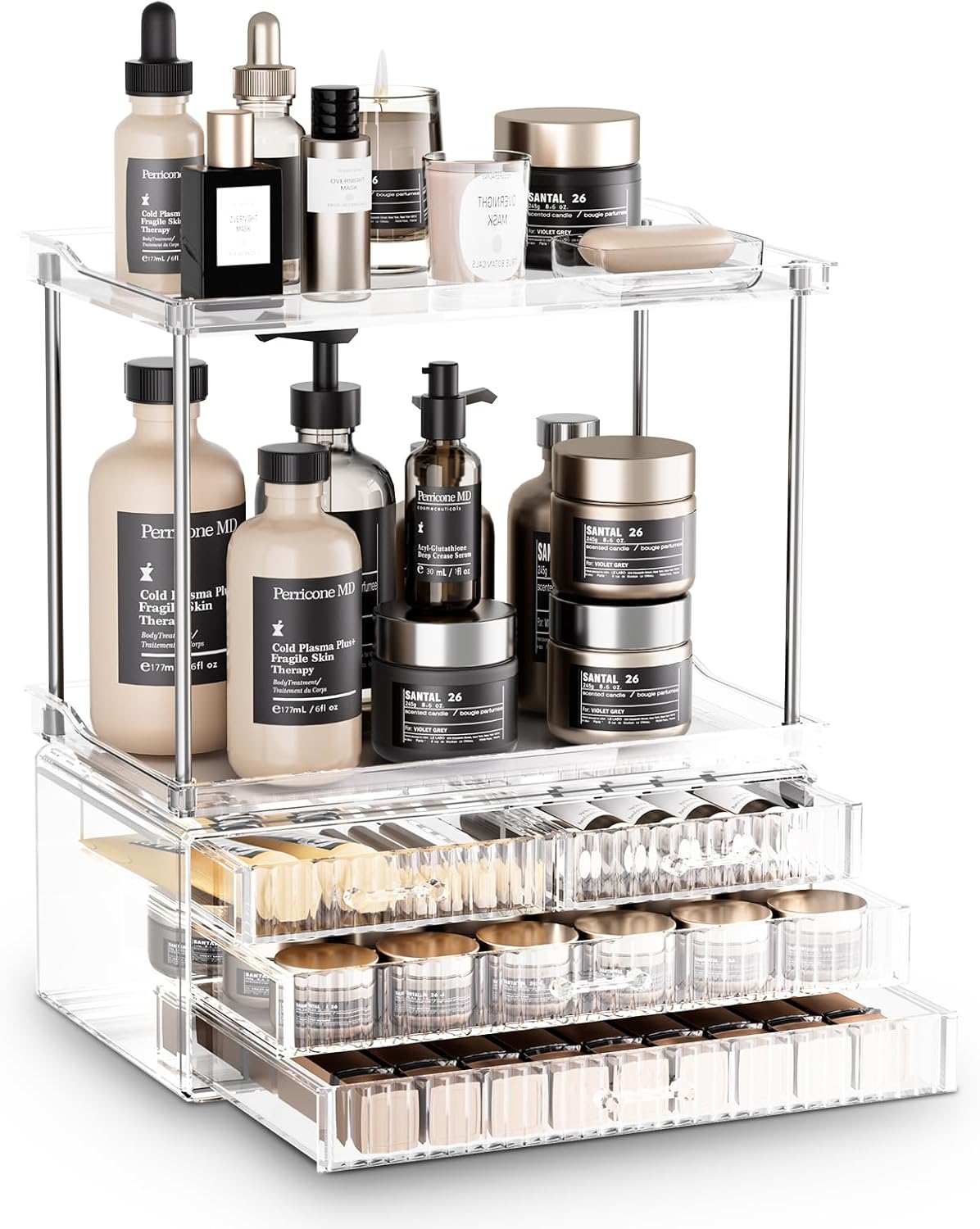 Acina 2-Tier Bathroom Organizer Countertop: Multi-Purpose Makeup Organizer - Large Skincare Exquisite Vanity Organizer for Cosmetics, Perfume Amber Clear