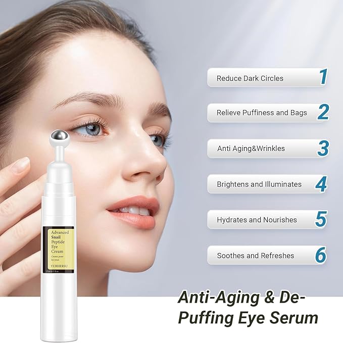 Snail Peptide Under Eye Cream with 73% Snail Mucin & 2% Nicotinamide for Dark Circles, Puffiness & Wrinkles, with 360° Massaging Roller Ball, 0.57 fl oz