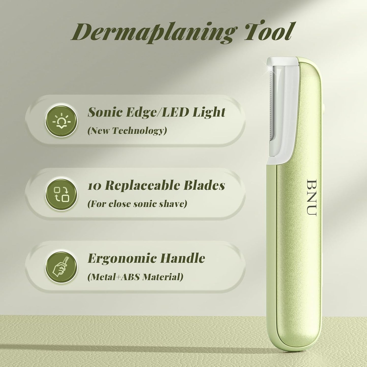 BNU Dermaplane Razor for Women, Face Razor for Women with 10 Replaceable Blades - Face Exfoliation Razor - Body Peach Fuzz Removal - Eyebrow Shaper - Sonic Edge Technology Dermaplaning Tool - Green