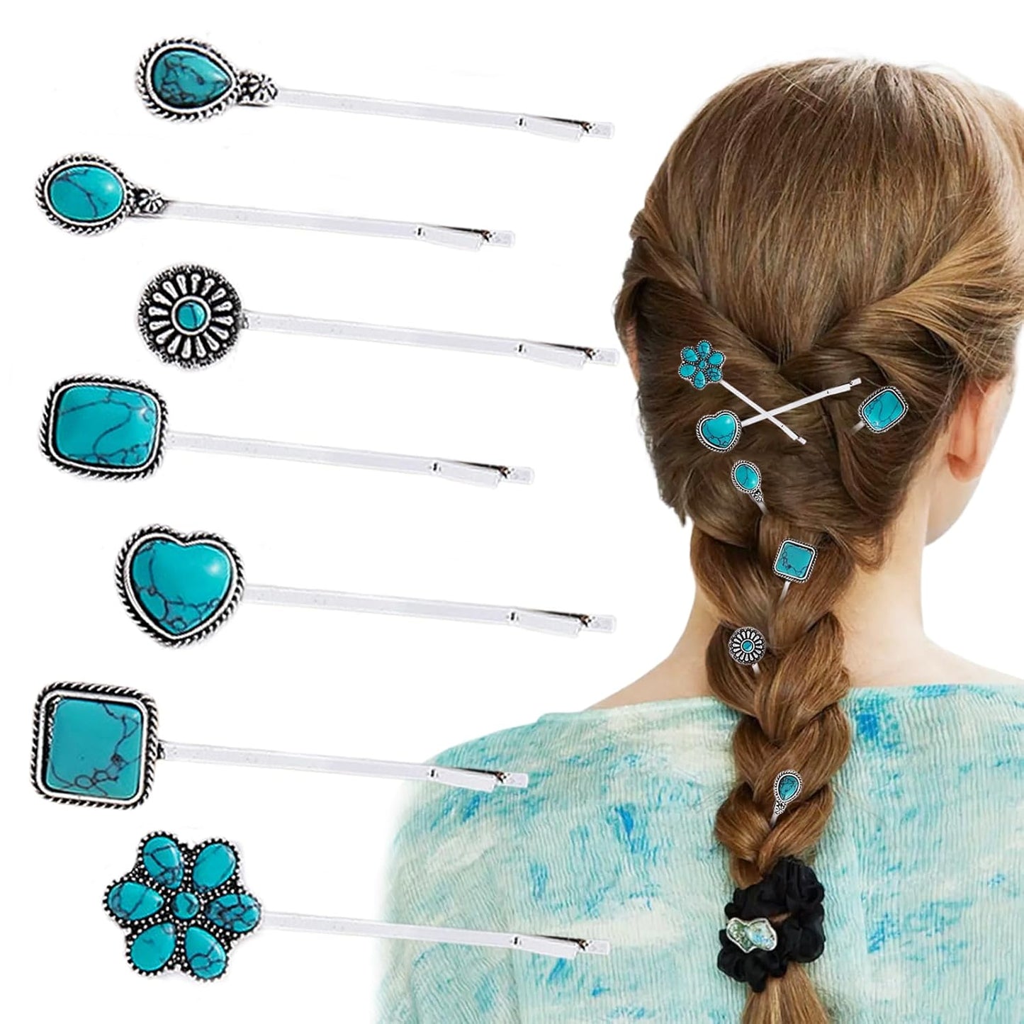 7 PCS Turquoise Retro Decorative Bobby Pins Silver Metal Hair Clips Vintage Alloy Hair Pins for Women Girls Headwear Styling Tools Barrettes Hair Accessories