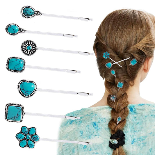7 PCS Turquoise Retro Decorative Bobby Pins Silver Metal Hair Clips Vintage Alloy Hair Pins for Women Girls Headwear Styling Tools Barrettes Hair Accessories