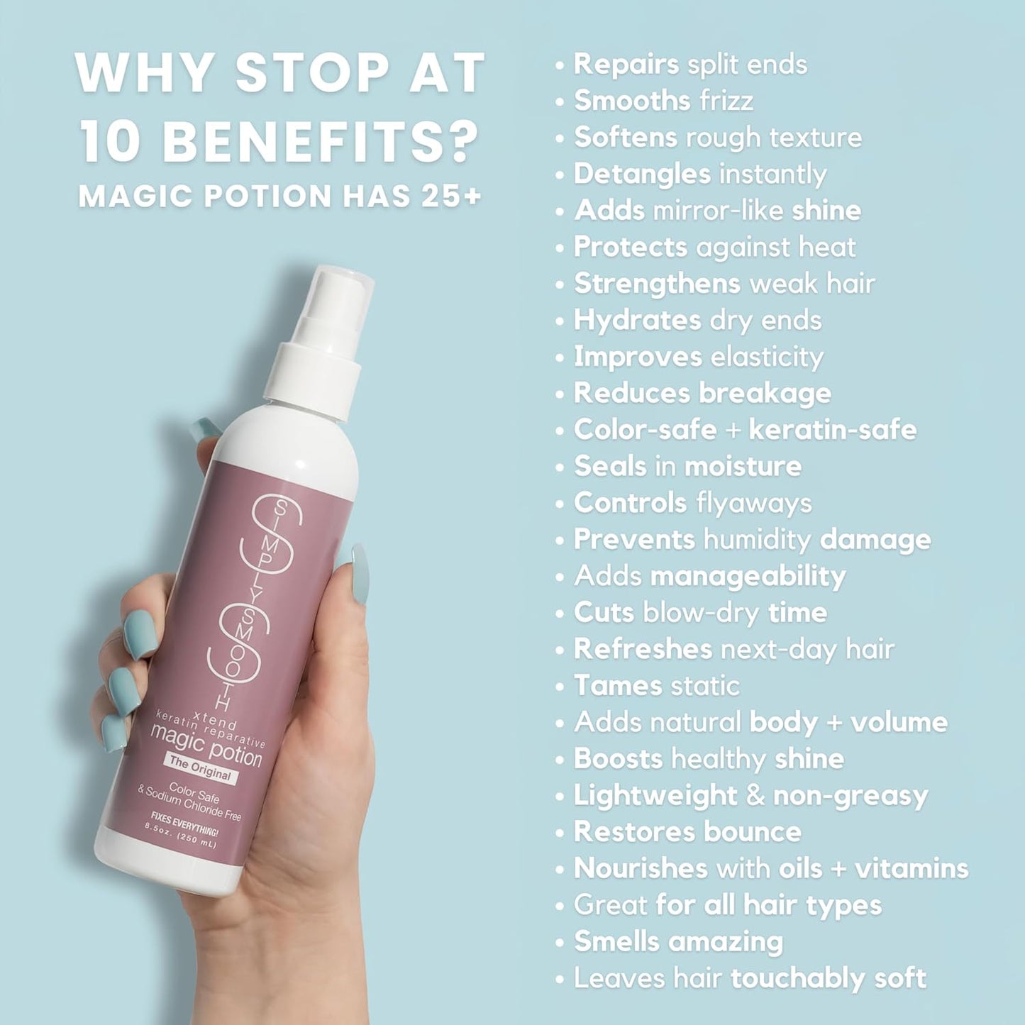 SIMPLY SMOOTH Magic Potion Original Leave In Conditioner Detangler & Heat Protection Styling Spray Repair & Reduce Breakage Color Safe & Sodium Chloride Free 8.5oz
