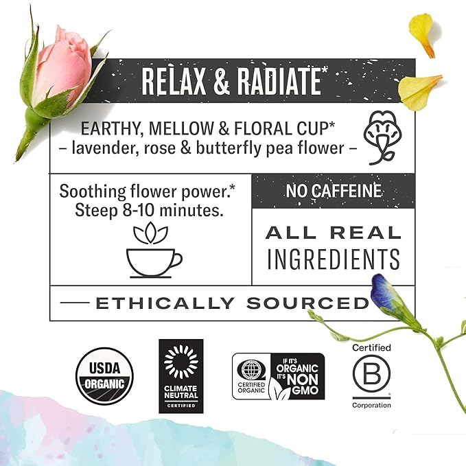 Numi Organic Damiana Relax Tea with Butterfly Pea Flower & Rose (Pack of 3), 16 Count Herbal Tea Bags