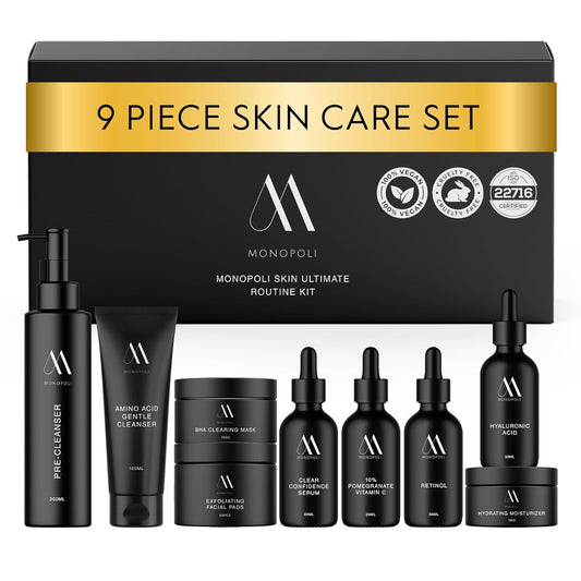 Monopoli Skin Care Set | Complete Routine: 9-Piece Face Care Set for Women & Teens for Anti-Aging, Hydration & Acne Control | Skincare Gift Set & Kits | Premium Skincare Set with Educational Resources