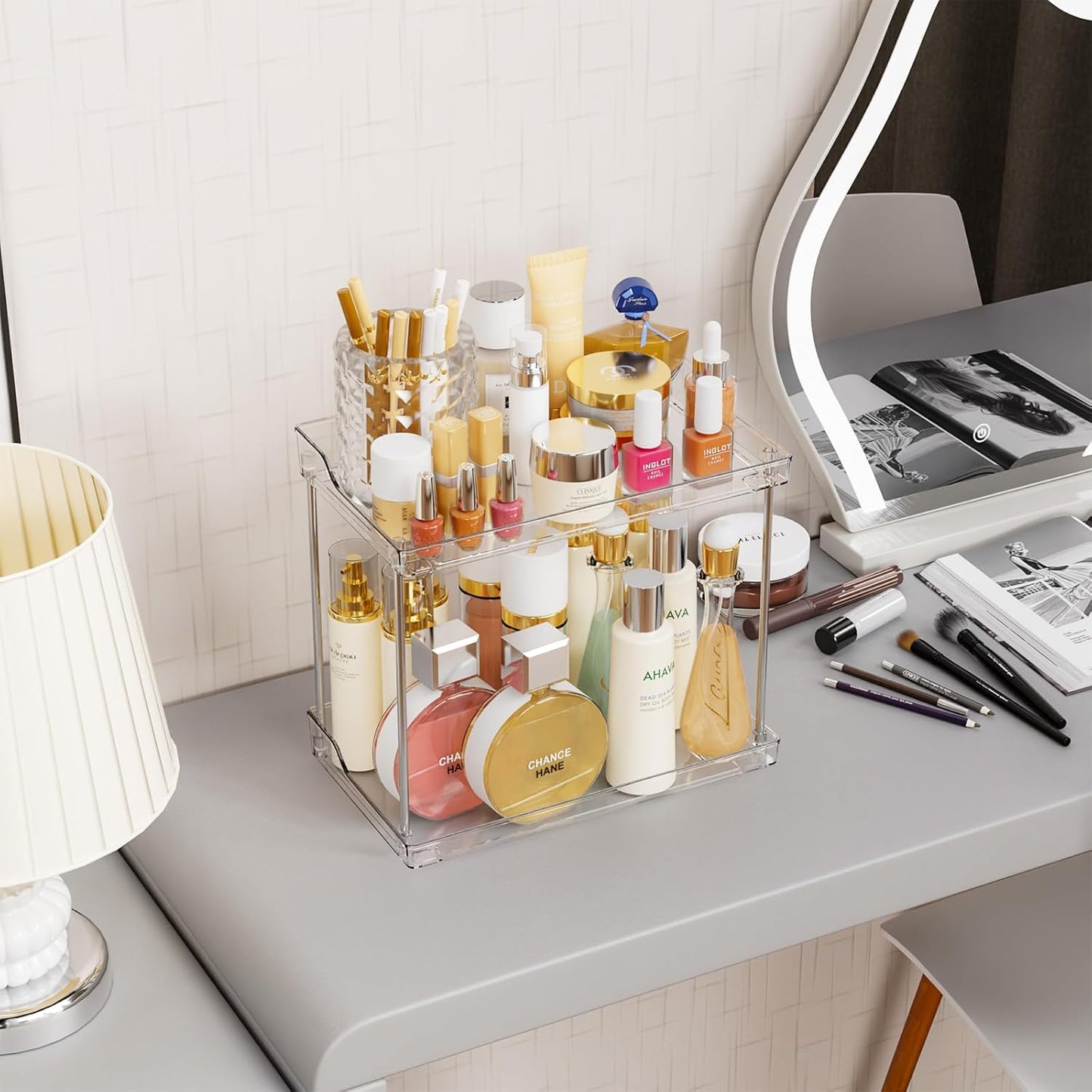 Yieach 2 Tier Bathroom Counter Organizer,Tiered Bathroom Organizer for Makeup,Perfume,Beauty Products,Skincare Organizers Shelf,Vanity Storage Tray for Bedroom,Spice Racks for Kitchen Corner,Rectangle