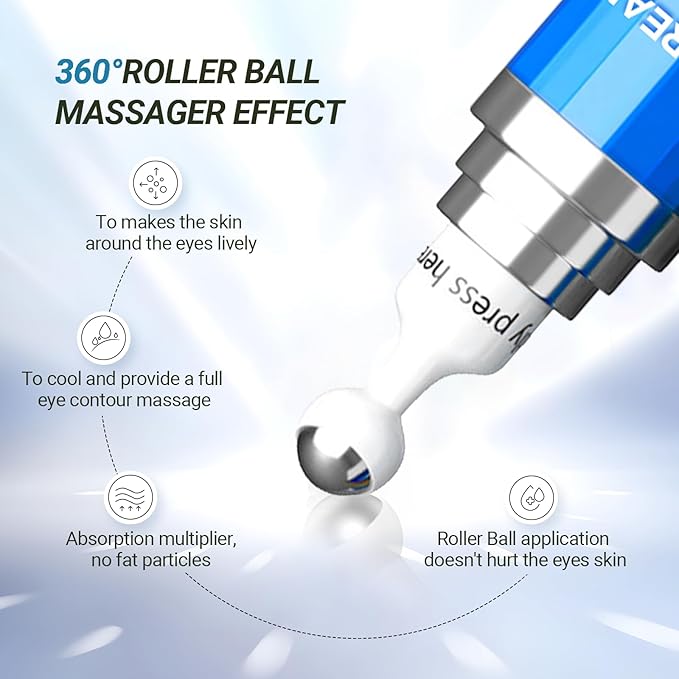 Eye Cream with 5% Caffeine Hyaluronic Acid for Puffy, Fine Lines, Dark Circles and Wrinkles, Under Eye Serum with 360° Roller Massage Ball, Eyelids Skin Care for Women & Men, 0.5 fl. oz