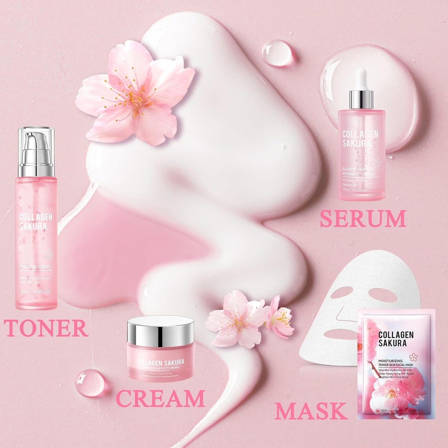 8PCS Skin Care Set, Moisturizing Cherry Blossom Facial Skin Care Kit, Hydrating Skincare Set for Women, Travel Facial Care Kits with Face Masks, Eye Cream, Cleansing Lotion, Serum, Face Cream,Toner