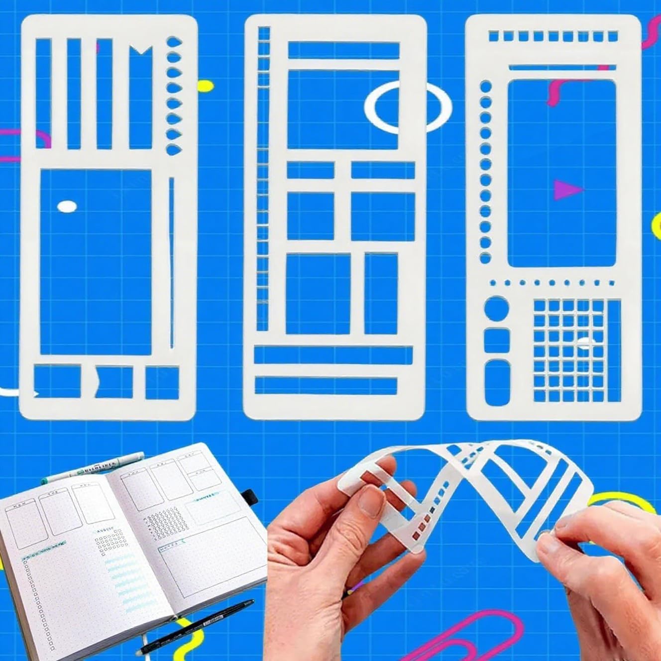 Handmade Flexible Record Template, Planner Stencil Set Compatible with Coils Discs and Rings, Flexible Drawing and Checklist Templates, Set of 3 Pack (C)