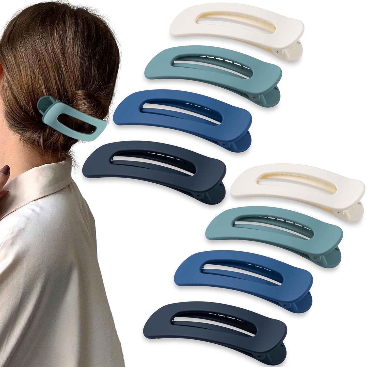 8 Pcs Large Lay Flat Claw Clips for Women French Side Slide Barrettes for Thin Fine Hair Rectangle Alligator Hair Accessories,Matte Blue Beige