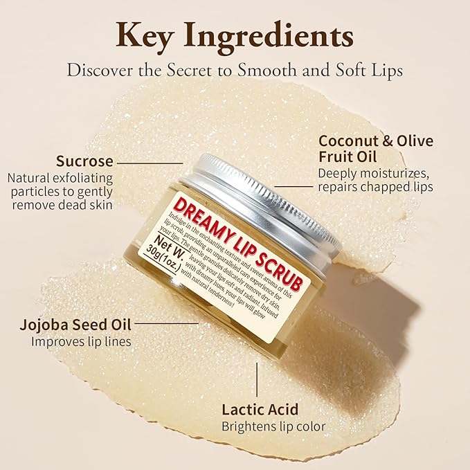 EJW Nourishing Lip Scrub - Infused with Coconut Oil, Olive Fruit Oil, and Jojoba Seed Oil, 1.05oz - Exfoliate, Hydrate, and Glow for Chapped Dry, Dark Lips