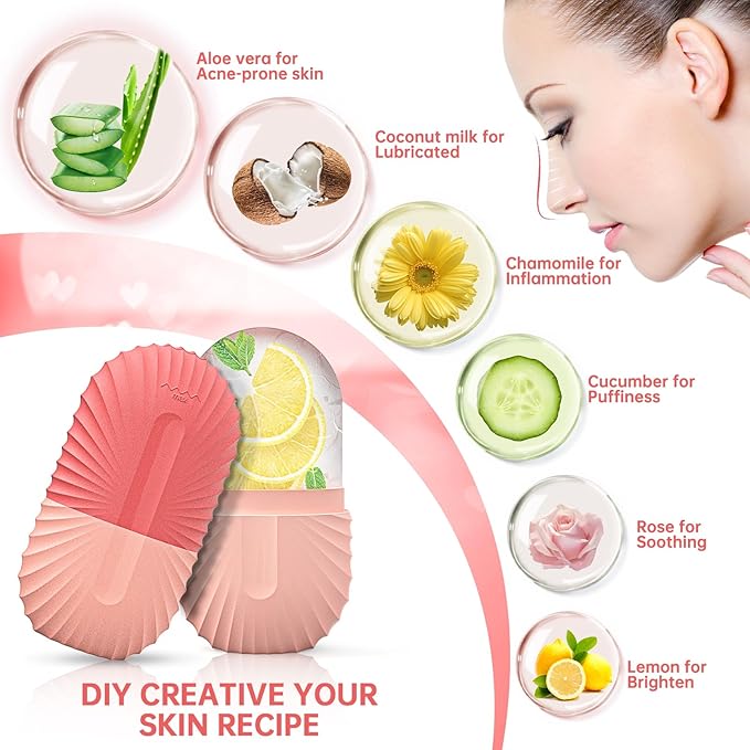 Ice Roller for Face and Eye，Ice Cube Roller Massager for Skin Women Care Tools, Naturally Conditioning De-Puff Eye Bags, Reduce Migraine Pain， Reusable Massage Silicone Ice Mold （Pink）