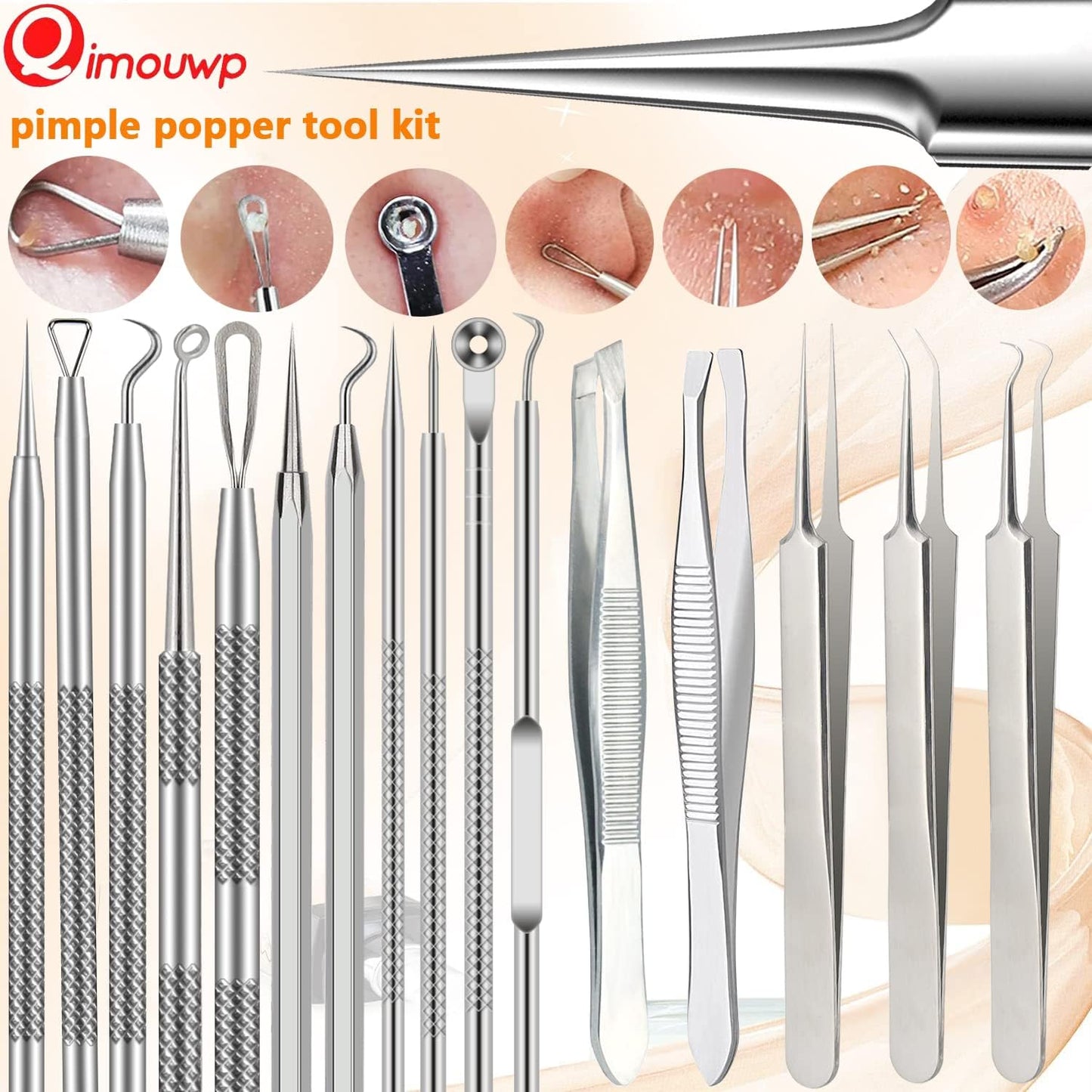 16 Pcs Pimple Popper Kit - Blackhead Remover & Acne Extractor Tool - Professional Stainless Steel Tweezers for Eyebrows, Pimples & Blemishes - Tools for Beauty Salons