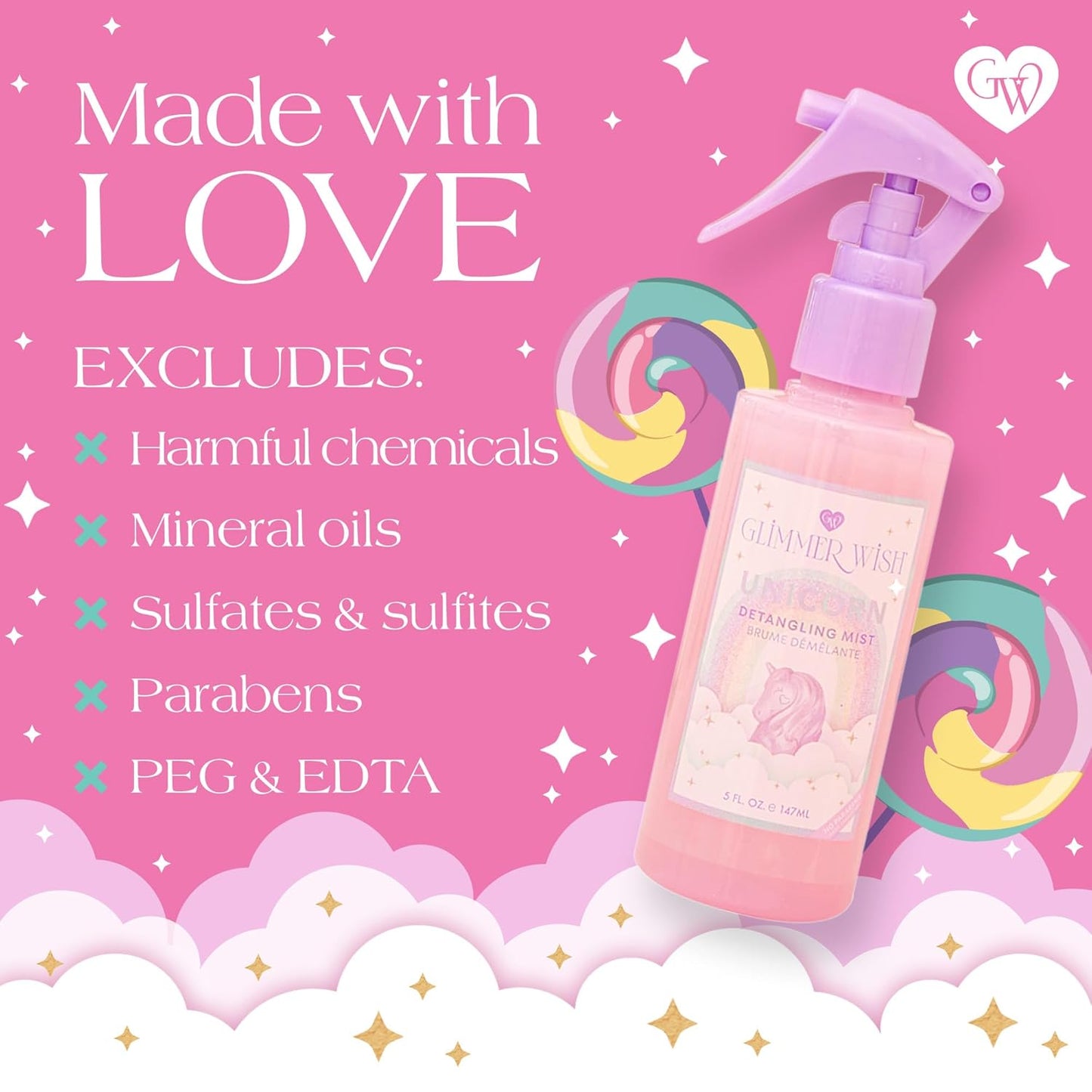 Glimmer Wish Unicorn Hair Detangler Spray – Leave-In Conditioner for Kids & Women, Tangle-Free Detangling Mist, 5 fl oz
