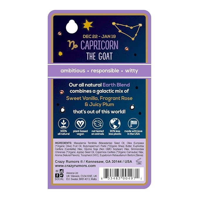 Crazy Rumors Capricorn Zodiac All Natural, Plant Based Lip Balm to Moisturize and Nourish your Lips - Earth Blend (Sweet Vanilla, Fragrant Rose and Plum)