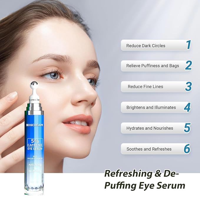Eye Cream with 5% Caffeine Hyaluronic Acid for Puffy, Fine Lines, Dark Circles and Wrinkles, Under Eye Serum with 360° Roller Massage Ball, Eyelids Skin Care for Women & Men, 0.5 fl. oz