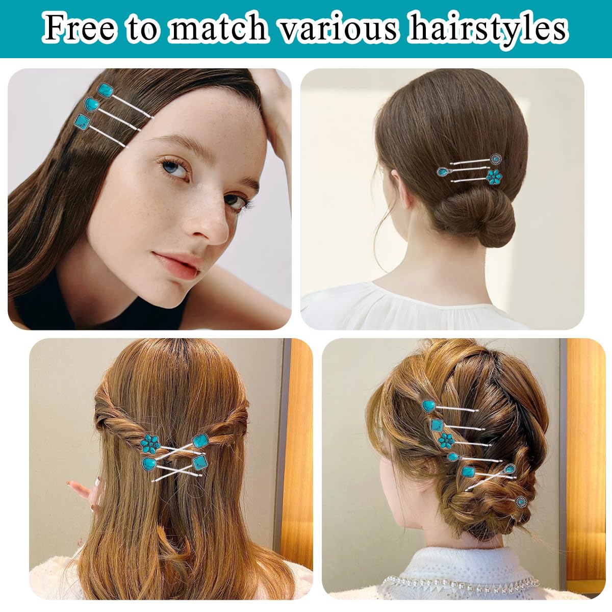 7 PCS Turquoise Retro Decorative Bobby Pins Silver Metal Hair Clips Vintage Alloy Hair Pins for Women Girls Headwear Styling Tools Barrettes Hair Accessories