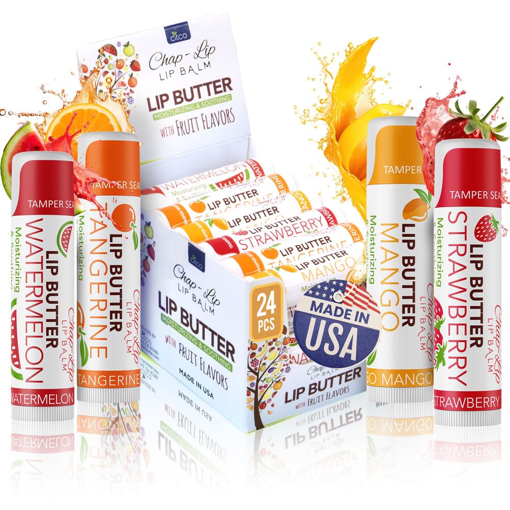 CHAP-LIP Original Lip Balm Hydrating Bulk Chap Stick with Fruit Flavors, Coconut Oil, and Cocoa Butter - Christmas Gift Stocking Stuffers Lip Therapy Pack for Men and Women - Made in the USA, 24 Pack