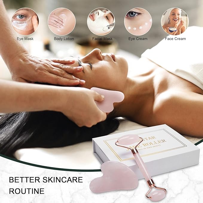 Jade Roller for Face, Facial Roller Massager Skin Care Tool, Gua Sha Facial Tools for Face, Neck, Eyes, Reduce Puffiness of The Skin (APink)