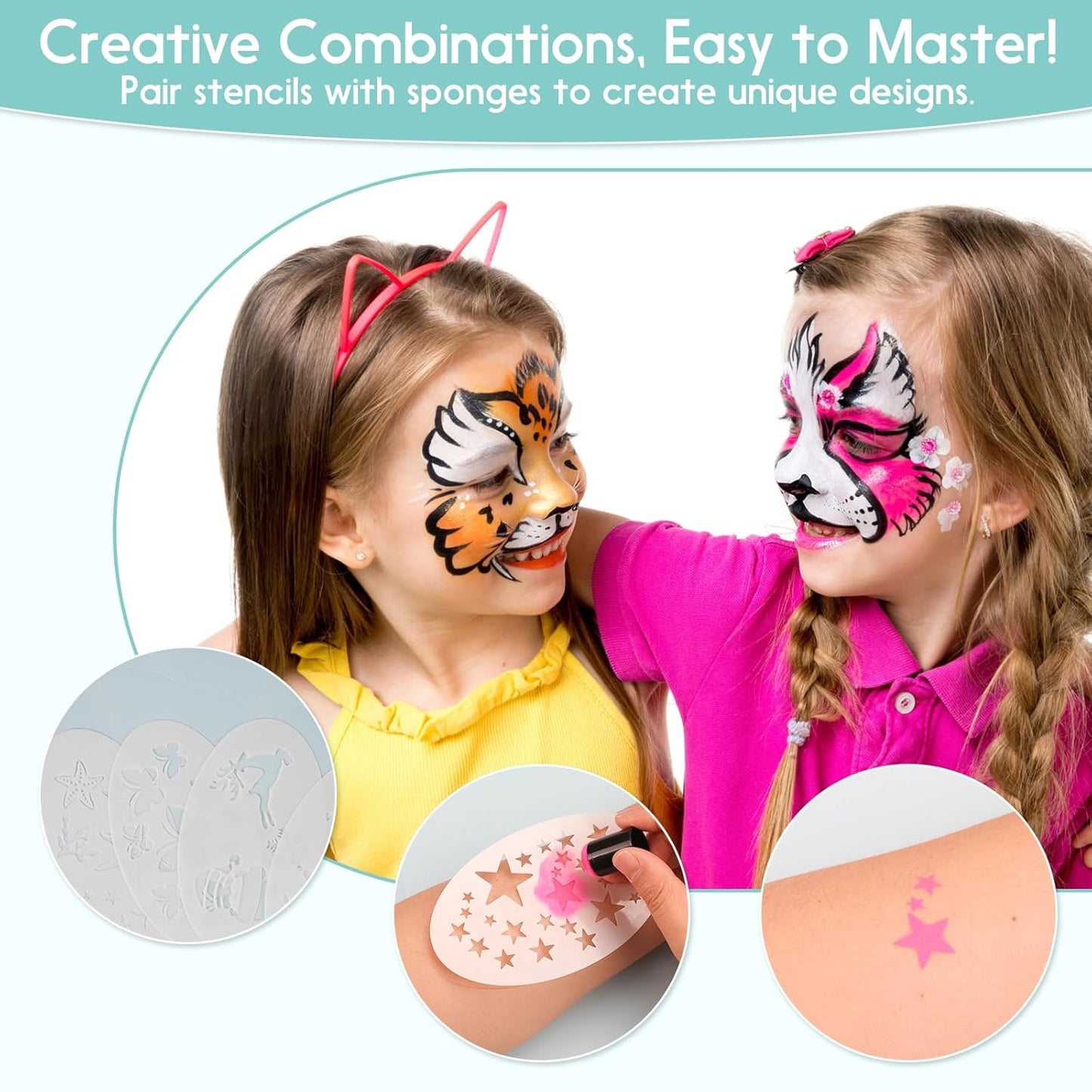 61-Piece Deluxe Face Painting brushes and Stencils Kit - Safe Non-Toxic face paint Stencils Set with 10 Pro Brushes, 8 sponges, 31 Reusable Stencils, 8 Stencils&More - For Carnival, Halloween&Parties