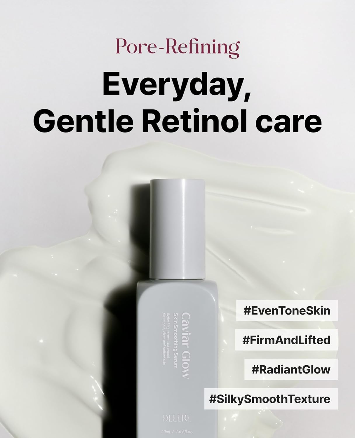 Delere Caviar Glow Smoothing Serum | Caviar Collagen with Niacinamide and Retinol for Face | Korean Serum for Glowing Skin and Radiant Glass Skin, 1.7oz