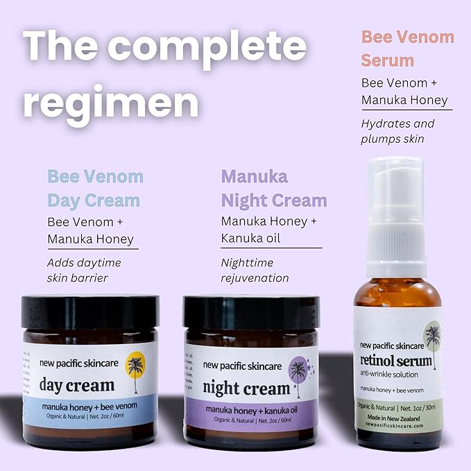 Save 5%: Organic Manuka Honey + Bee Venom Day and Night Cream Duo | Bee Venom Skin Treatment | Manuka Honey Skincare | 2oz/60ml