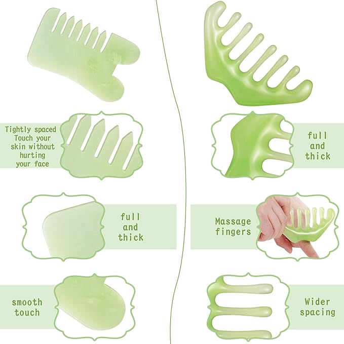 Geiserailie 2 Pieces Jade Combs Massage Stone Hair Gua Sha Scraping Scalp Comb Facial Massage Tool Multifunctional Handheld Head Tools Head Caring Therapy Mother's Day Gift(Mixed Style)