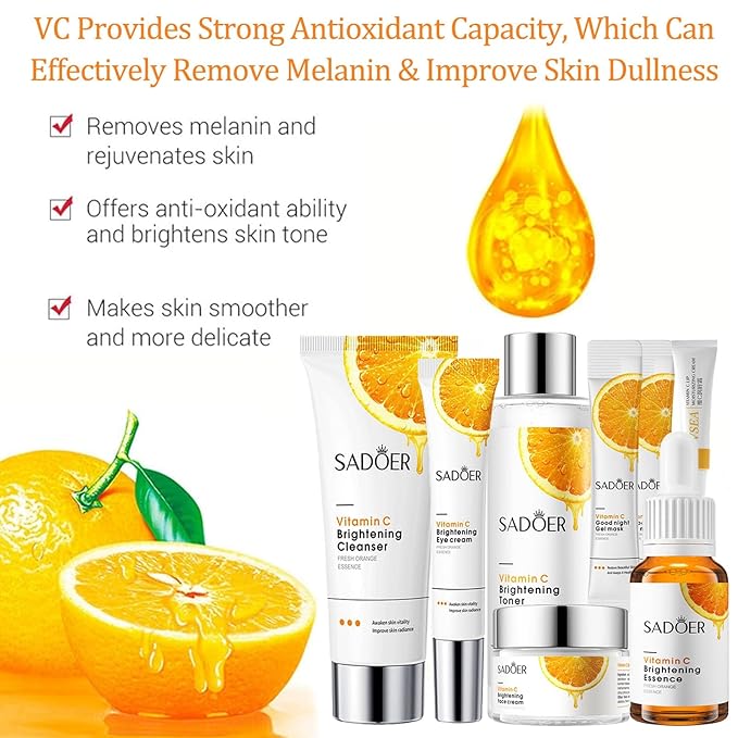 8-Pack Vitamin C Skin Care Kit, Vitamin C Complete Skin Care Set, Routine Skincare Set With Face Wash, Toner, Face Serum, Face Cream, Eye Cream, Face Mask & Lip Balm, Skincare Gift Set For Women