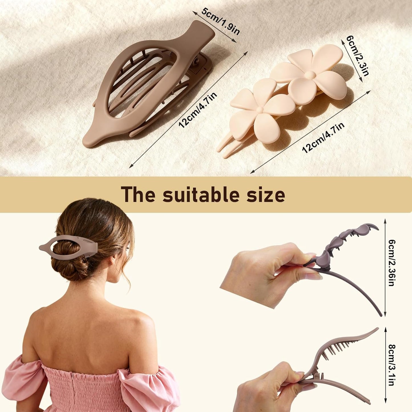 8 Pack Flat Hair Clips for Women – Matte Neutral Claw Clips & Flower Hair Pins Barrettes Set in Black, Blonde,Light Brown & Dark Brown for Thick & Thin Hair