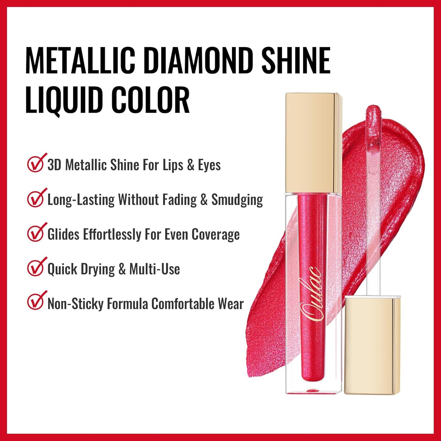 Oulac Red Lipsticks for Women Metallic Lipstick, Long Lasting Waterproof, Glitter Lipstick Dual Use for Lips & Eyeshadow, High Impact Lip Color, No Transfer, Vegan MD07
