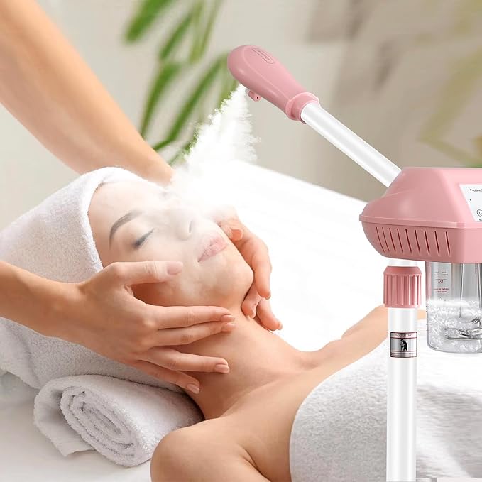 Professional Facial Steamer, Facial Steamer on Wheels, Ozone Facial Steamer, Standing Face Steamer, SPA Facial Steamer for Salon and at Home Use, Touch Control, Timing Function, Pink…