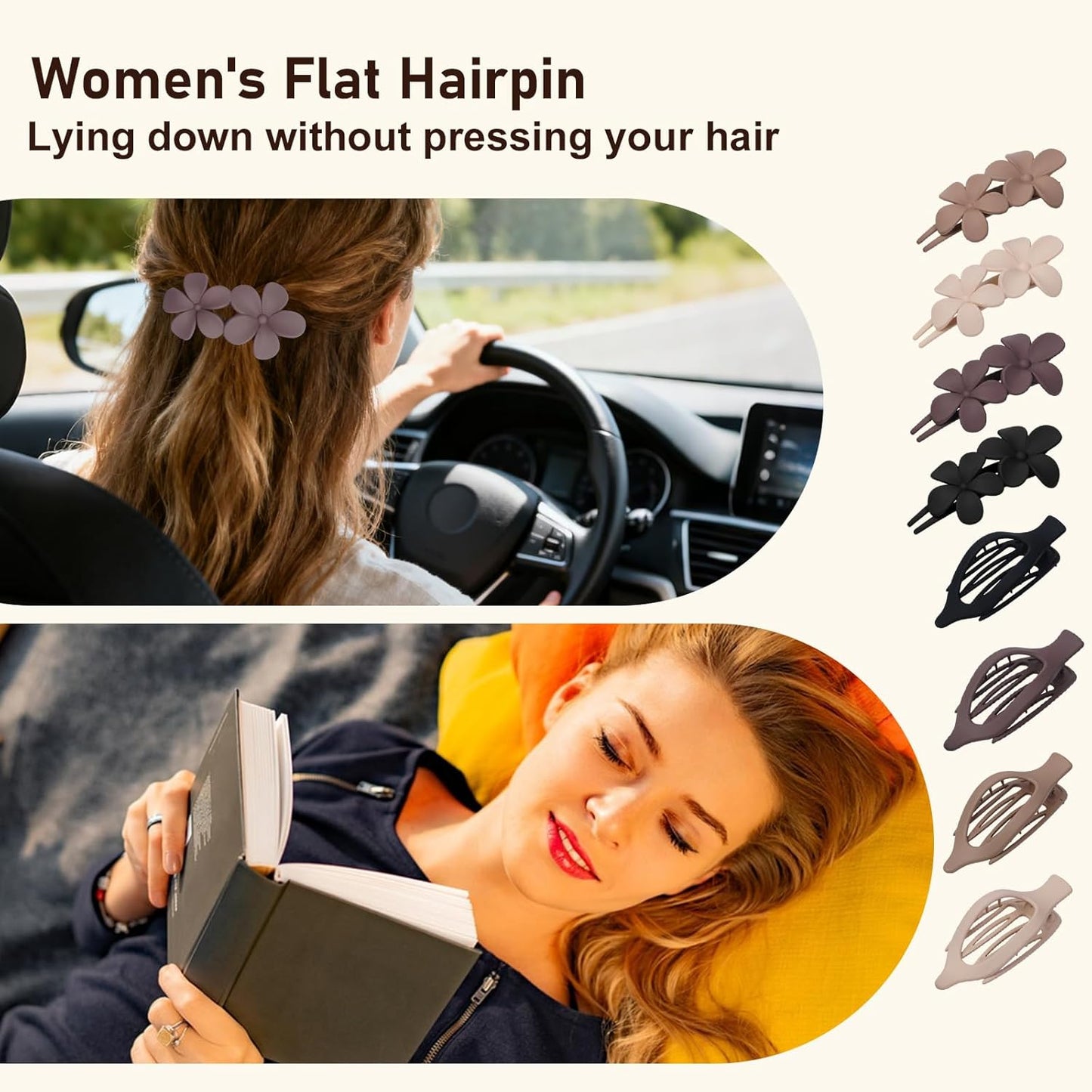 8 Pack Flat Hair Clips for Women – Matte Neutral Claw Clips & Flower Hair Pins Barrettes Set in Black, Blonde,Light Brown & Dark Brown for Thick & Thin Hair