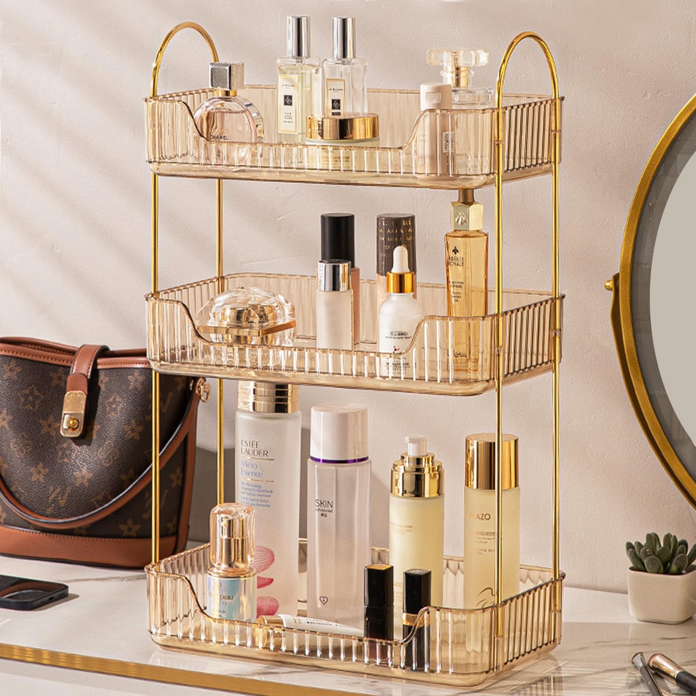 Bathroom Counter Organizer Countertop, 3 Tier Makeup Perfume Shelf Storage, Skincare Cosmetic Tray for Dresser Vanity - Gold