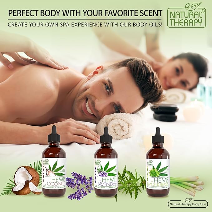 Natural Therapy Body Oil with Hemp & Lemongrass - Dry Skin Moisturizer and Hydrating Massage Oil - Increase Skin Elasticity and Provide Anti-Aging Support for Face and Body (4 fl.oz)