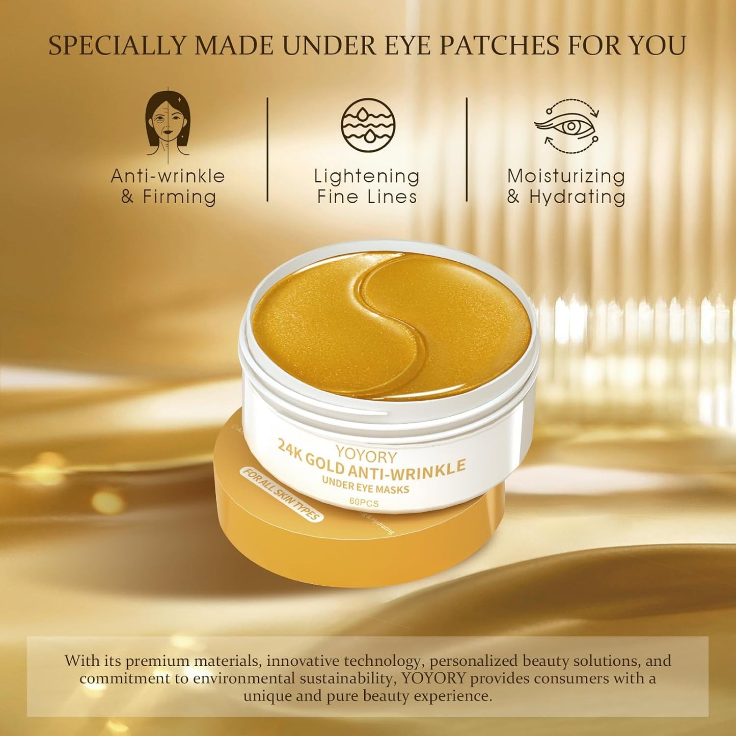 Under Eye Patches Masks - 24K Gold Eye Patch for Dark Circles & Puffy Eyesg,Fine Lines,Eye Bags, Wrinkle,Collagen Infused with Hyaluronic Acid, Hydration for Women and Men, (60 Pcs) Gold