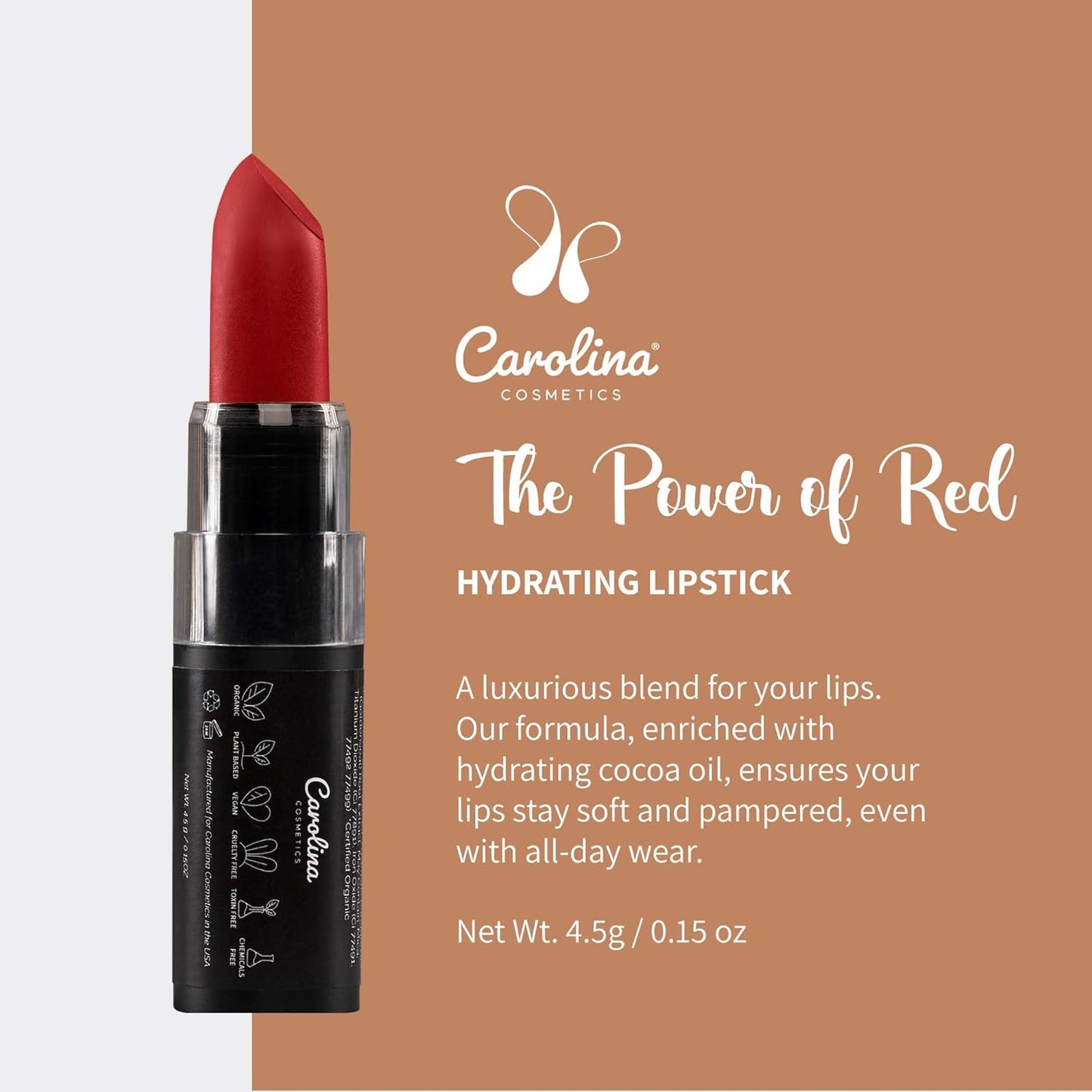 Carolina COSMETICS - Plant-Based Moisturizing Lipstick - The Power of Red Shade 0.15oz- Hydrating with Cocoa Oil, Gluten-Free, Vegan, Non-GMO, Paraben-Free - Lightweight Cream Texture
