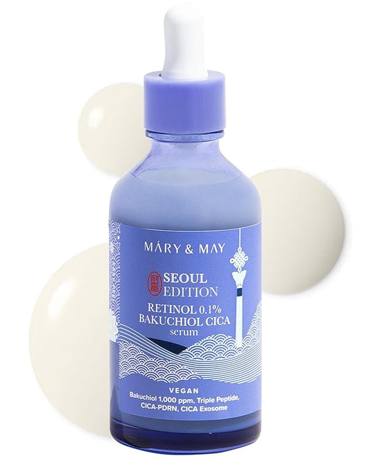 Mary&May SEOUL EDITION Retinol 0.1% Bakuchiol Cica Serum - Korean Face Serum for Pore Elasticity & Wrinkle Improvement - Cica and Peptides - Fragrance-Free, Vegan, and Cruelty-Free, 2.7 fl.oz.