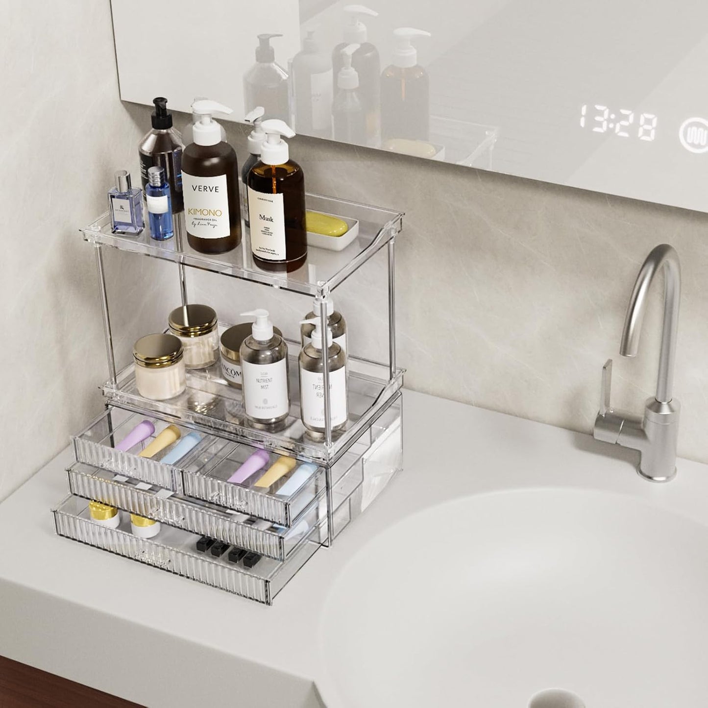 Acina 2-Tier Bathroom Organizer Countertop: Multi-Purpose Makeup Organizer - Large Skincare Exquisite Vanity Organizer for Cosmetics, Perfume Amber Clear