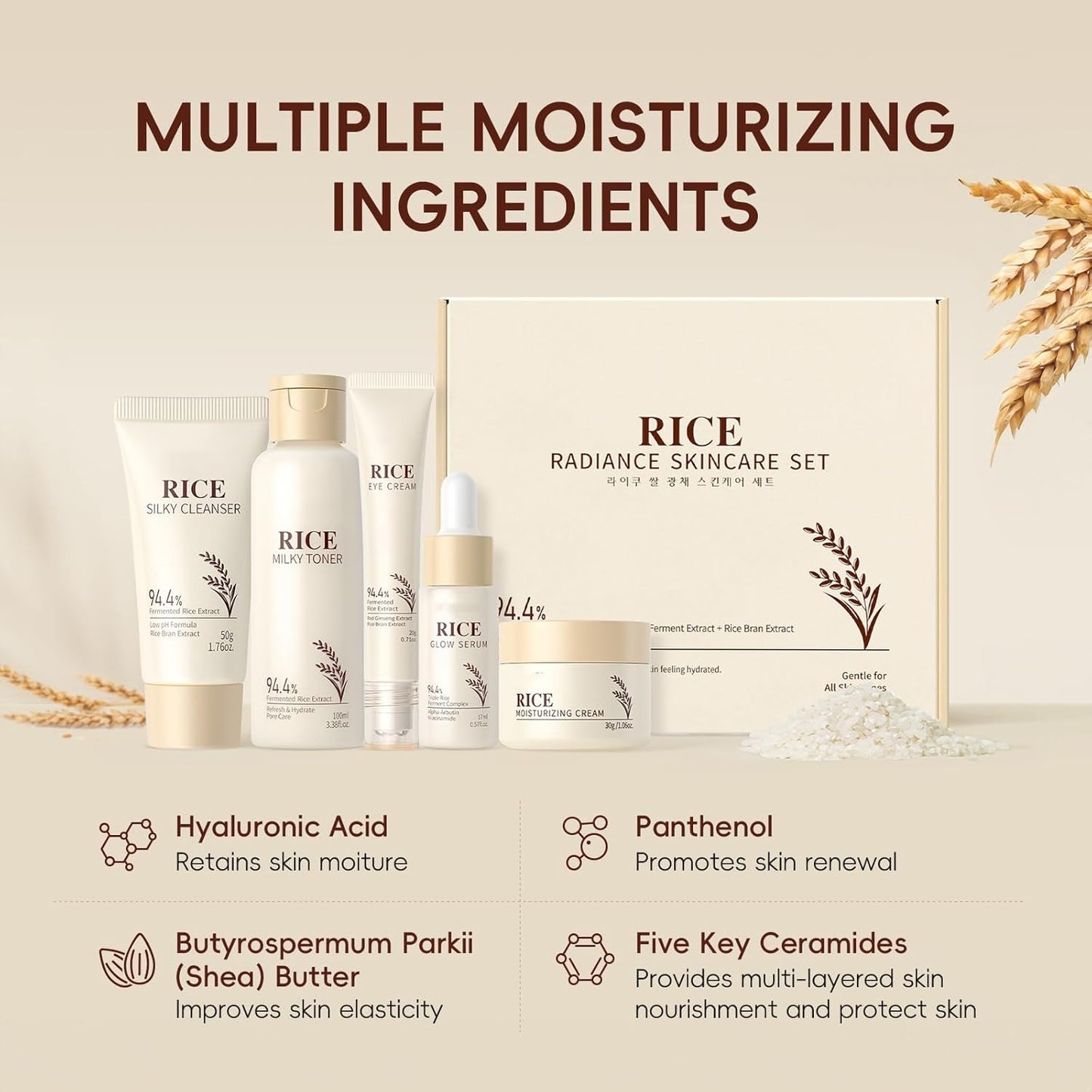 Rice Radiance Skincare Set 5pcs – 5-Step Moisturizing Korean Skin Care Routine with Triple Fermented Rice Extract, Hyaluronic Acid & Ceramides for Glowing Skin, All Skin Types