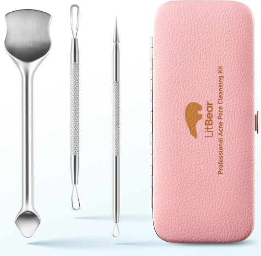 LitBear Pore Prep Tool, Blackhead Remover Pimple Popper Tool Kit, Stainless Steel Blackhead Extractions Tool for Acne, Whitehead Popping, Blemish, Comedone, Pink