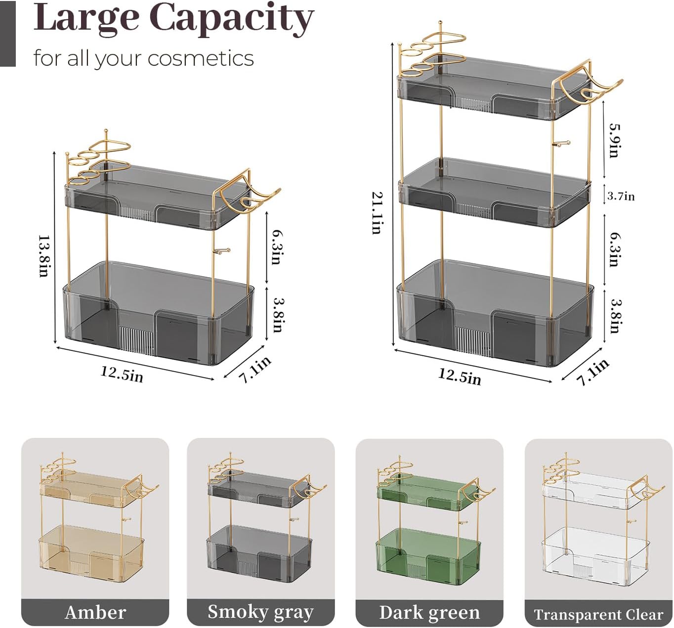 Aveniee Bathroom Counter Organizer,3 Tier Skincare Perfume Countertop Storage with Hair Dryer Rack and Toothbrush Holder, Cosmetic Makeup Tray for Vanity,Grey