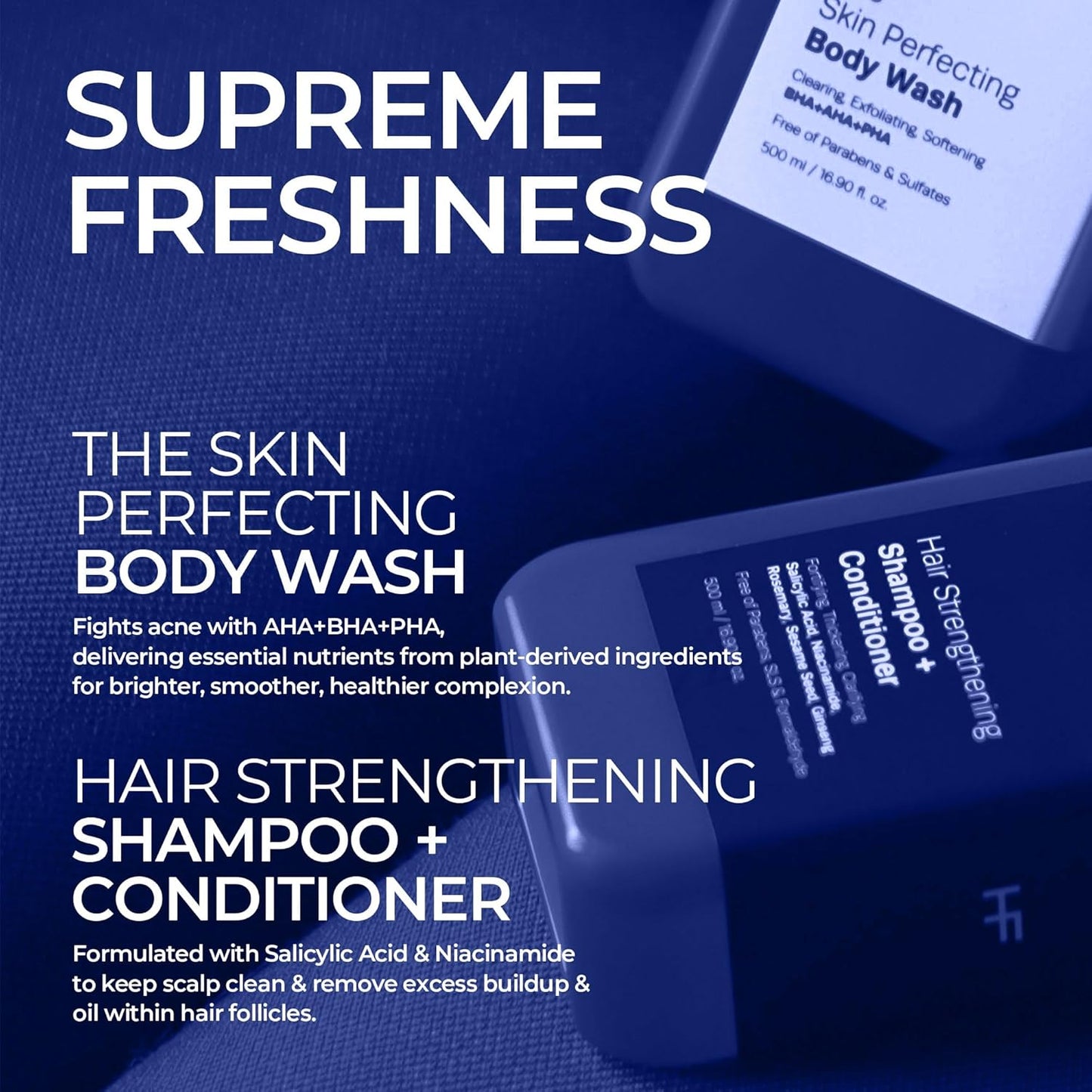 HOMMEFACE Men’s Triple Action Shower Kit - 2 Piece Set with 2-in-1 Hair Strengthening Shampoo + Conditioner & Body Wash with Pump - Korean Skincare Technology for Body Acne and Scalp Health