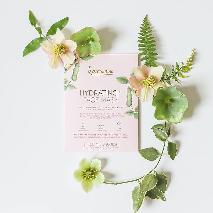 Karuna Skin - Hydrating+ Facial Mask for Well-Moisturized & Hydrated Skin, Glow-Enhancing Facial Skin Care Products, Hydrating Face Masks with Natto, Niacinamide & Sodium Lactate, 1 Pack