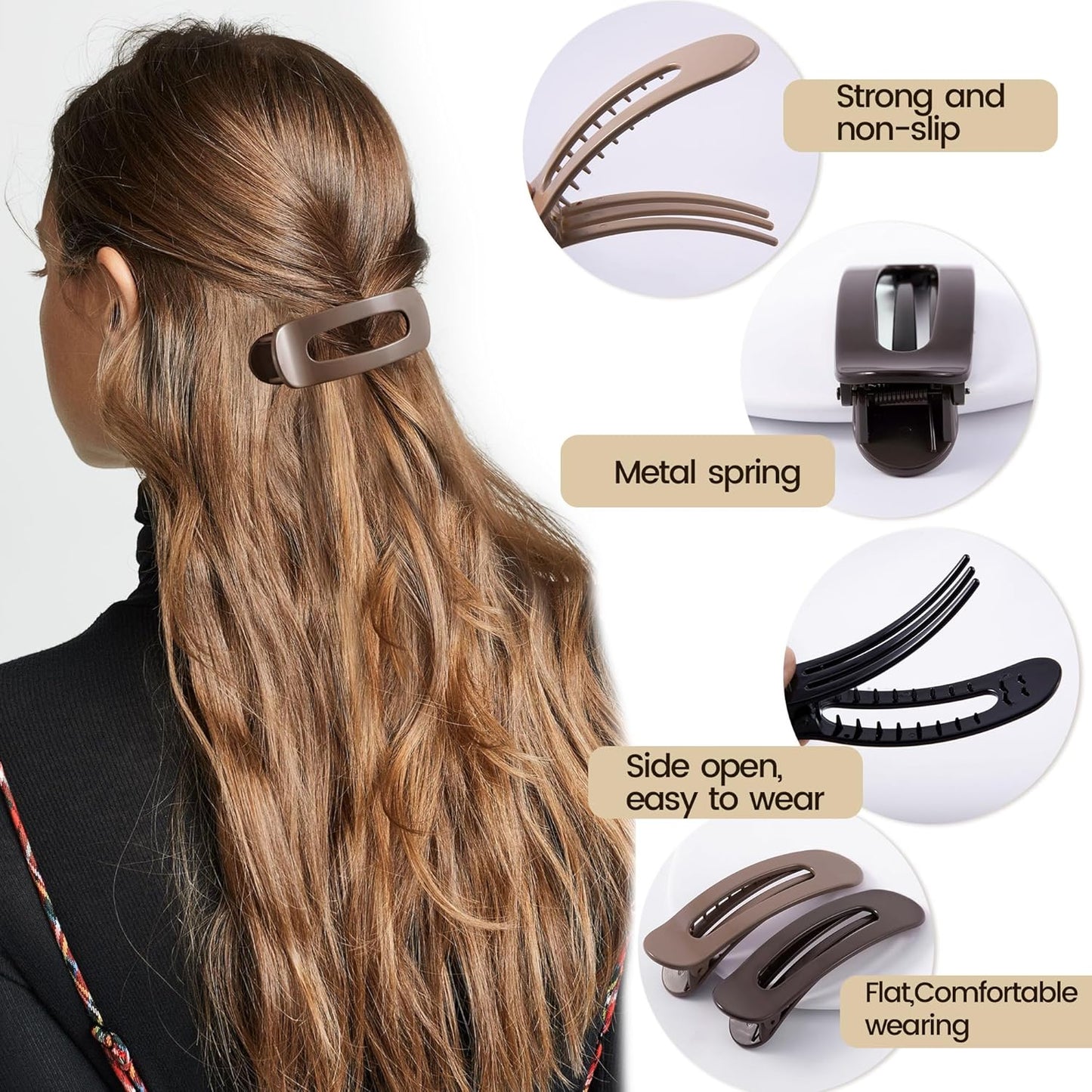 8 Pcs Large Lay Flat Claw Clips for Women French Side Slide Barrettes for Thin Fine Hair Rectangle Alligator Hair Accessories,Bright Black Brown