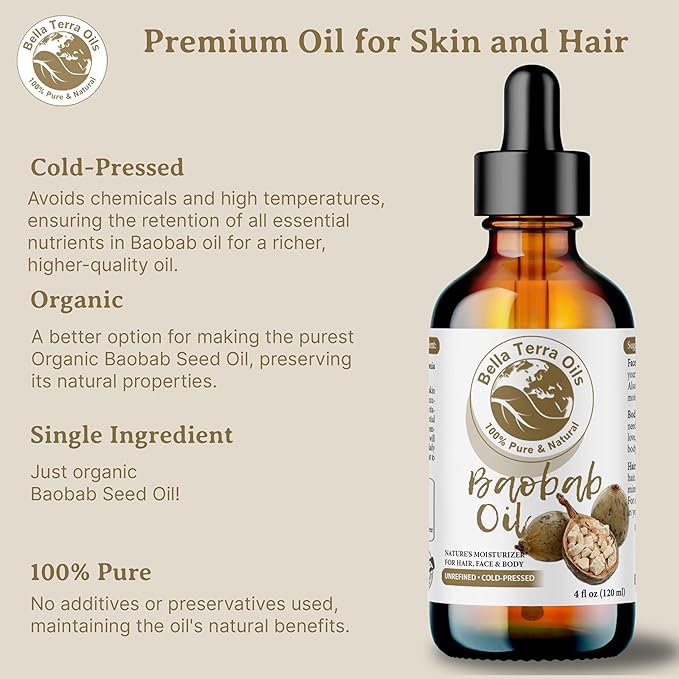 Bella Terra Oils Pure Baobab Oil – 1gallon, Ancient African Beauty Elixir for Hair & Skin, Radiance, Hydration