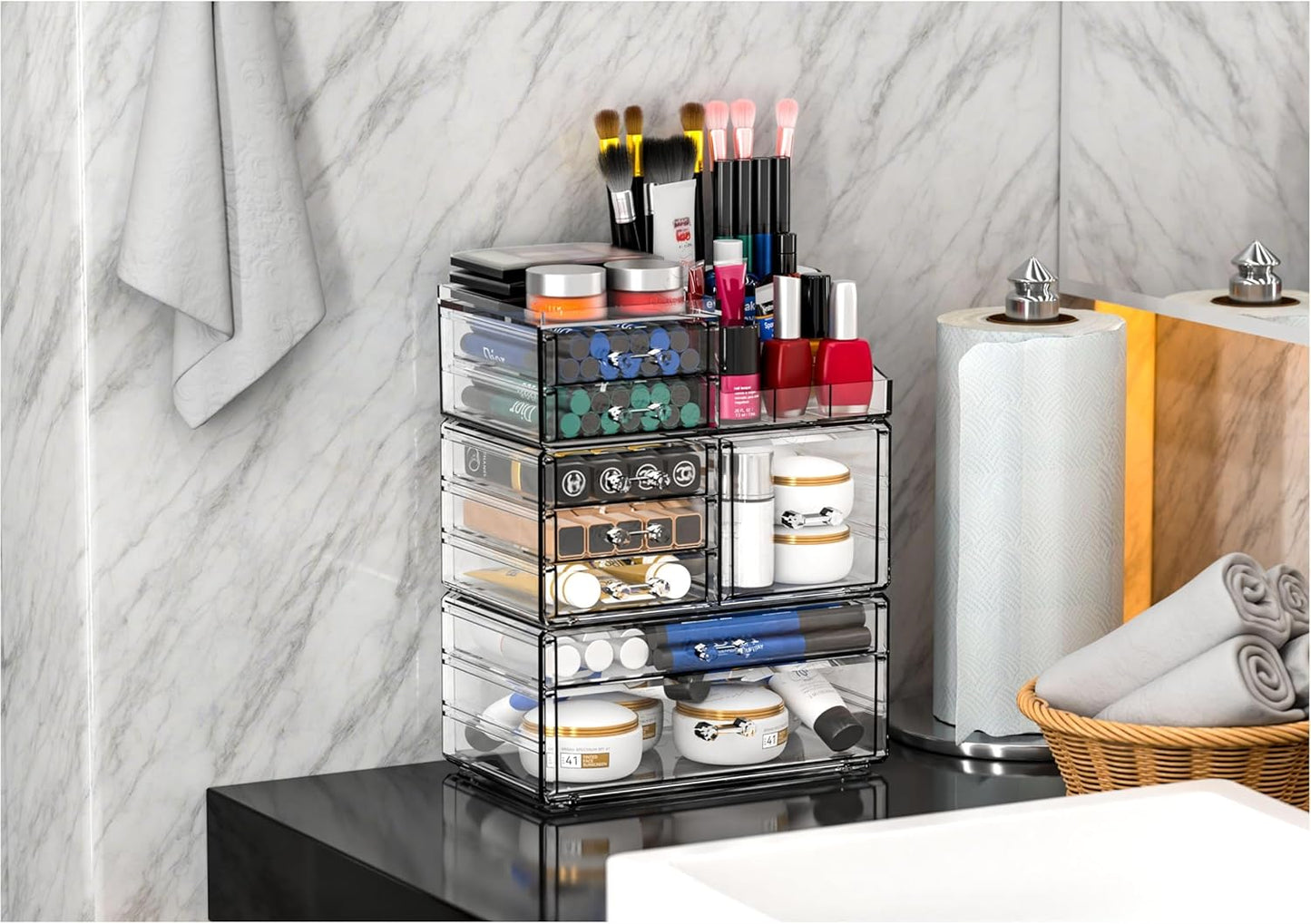 Acrylic Clear Makeup Organizer Countertop,Stackable Skincare Organizer for Vanity With 8 Drawers,Large Plastic Desk Accessories Organization,Bathroom Cosmetic Organizer Countertop for Beauty,Skin Care